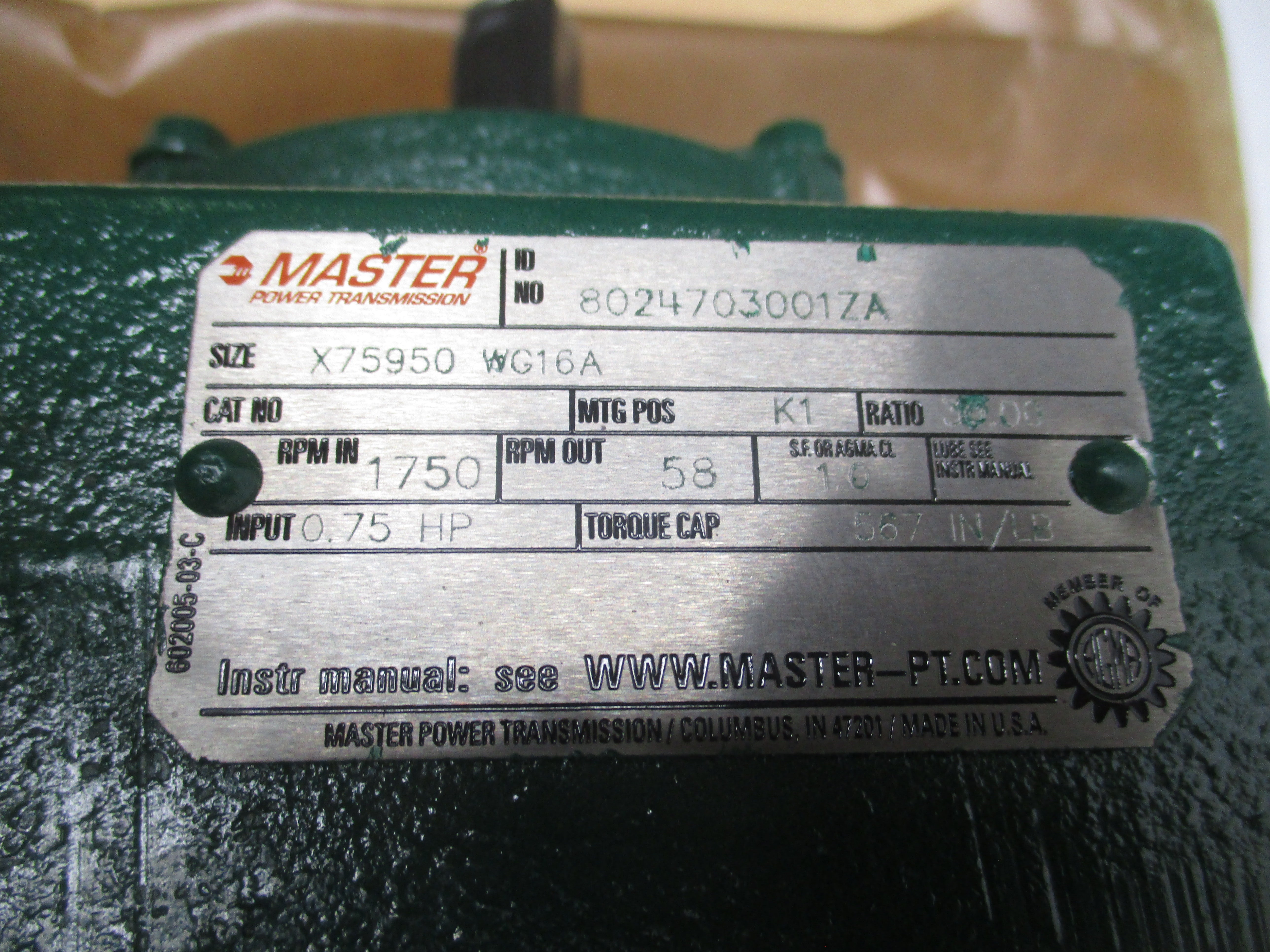 MASTER POWER TRANSMISSION FC56WG16A 208-250/460V 5.2-3/1.5A NSMP