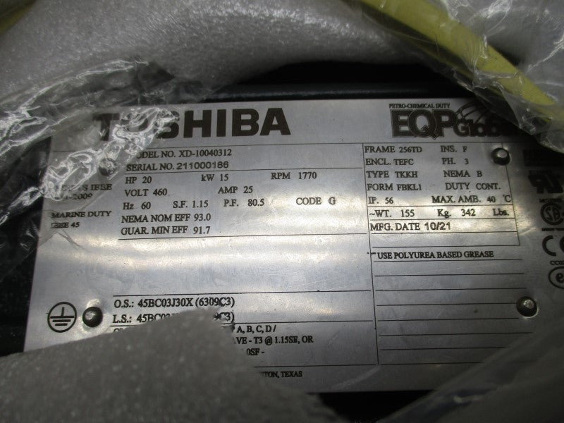 TOSHIBA XD-10040312 256TD  20HP  1800RPM 460V 25A NSMP