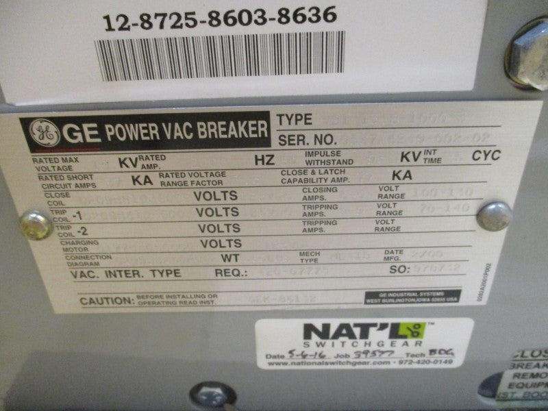 GENERAL ELECTRIC VB1 13.8-10003 15KV 70-140V 5.9A NSMP