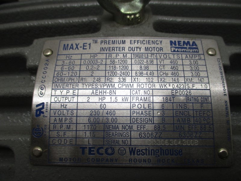 WESTINGHOUSE EP0026 AEHH8N MAX-E1 HP: 2  RPM: 1200  FRAME 184T NSMP