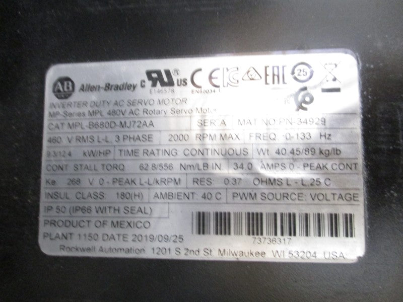 ALLEN BRADLEY MPL-B680D-MJ72AA SER. A 460V 34A NSMP