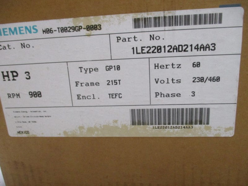 SIEMENS 1LE22012AD214AA3 215T HP 3  RPM 900 208-230/460V 9.8-9.6/4.8A NSMP