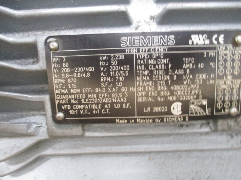 SIEMENS 1LE22012AD214AA3 215T HP 3  RPM 900 208-230/460V 9.8-9.6/4.8A NSMP