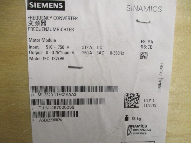 SIEMENS 6SL3320-1TE32-6AA3 510-750V 312A NSMP