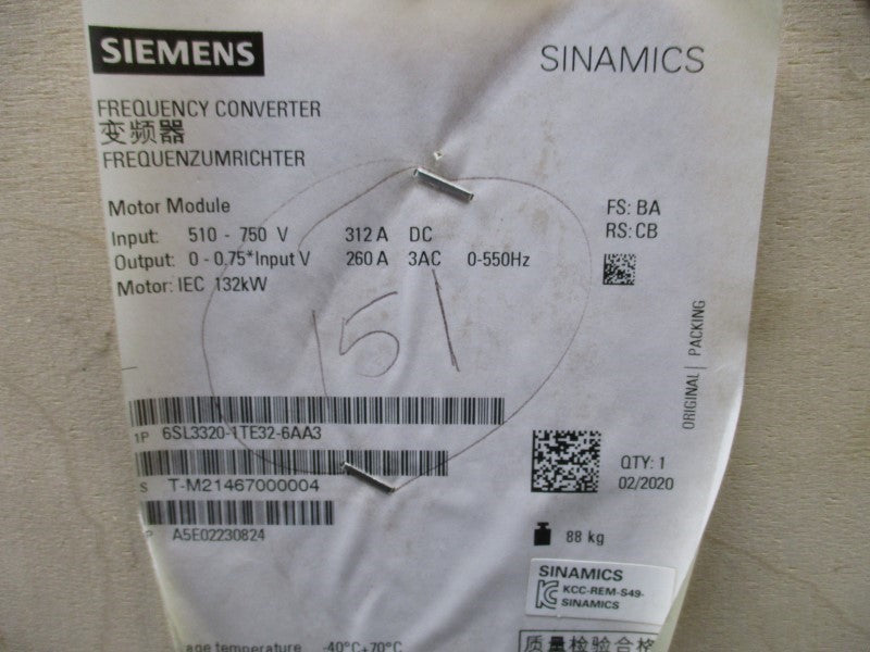 SIEMENS 6SL3320-1TE32-6AA3 510-750V 312A NSFS