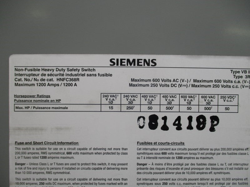 SIEMENS HNFC368R 600VAC 1200A NSMP