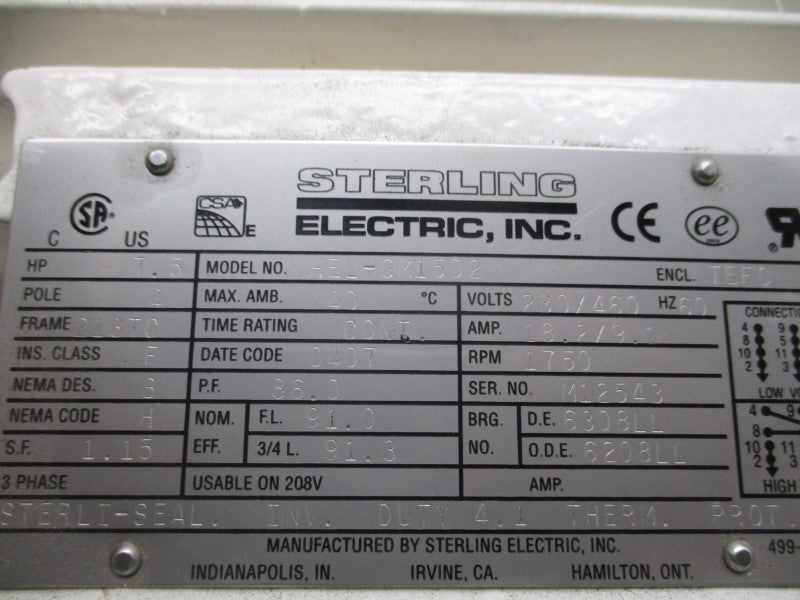 STERLING ELECTRIC HEL-GM1159 HEL-GM1502 230/460V 18.2/9.1A NSNP
