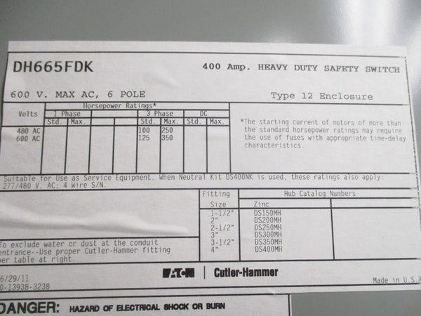 EATON DH665FDK 600V 400A NSNP