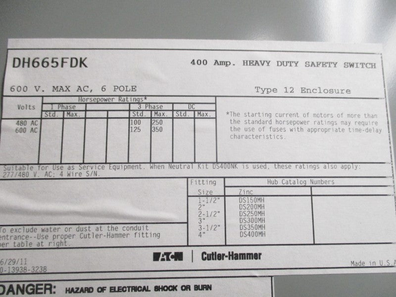 EATON DH665FDK 600V 400A NSNP