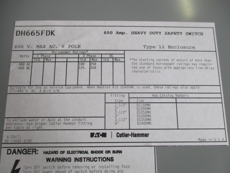 EATON DH665FDK 600V 400A (AS PICTURED) NSNP