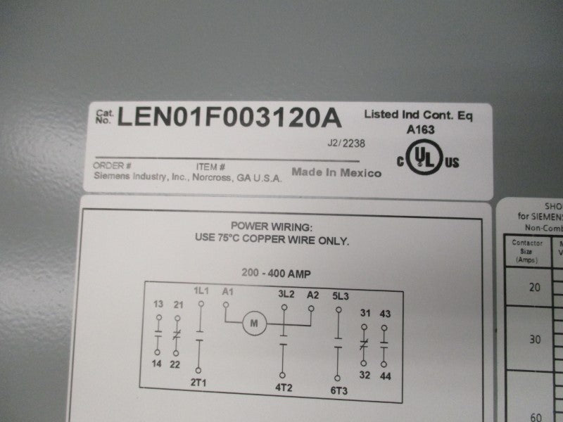 SIEMENS LEN01F003120A 110-127VDC 200A NSMP