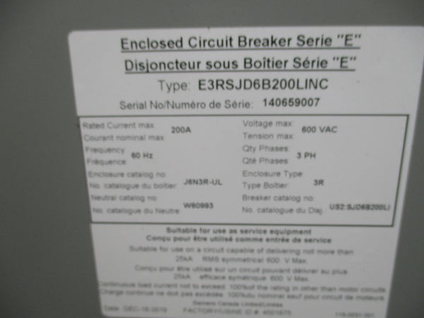 SIEMENS E3RSJD6B200LINC SER. E 600VAC 200A NSNP