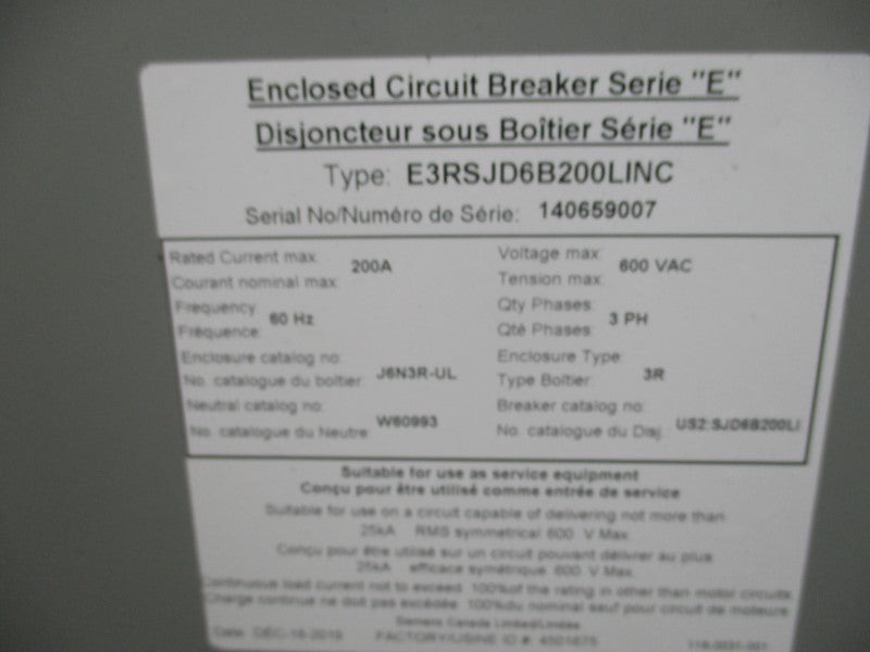 SIEMENS E3RSJD6B200LINC SER. E 600VAC 200A NSNP