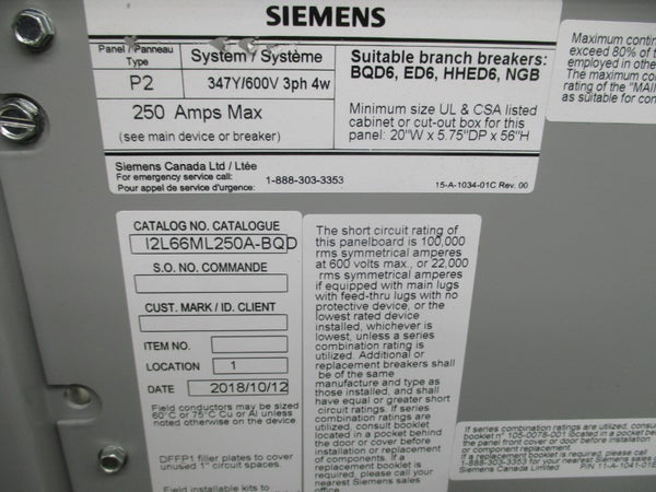 SIEMENS I2L66ML250A-BQD 347Y/600V 250A NSMP