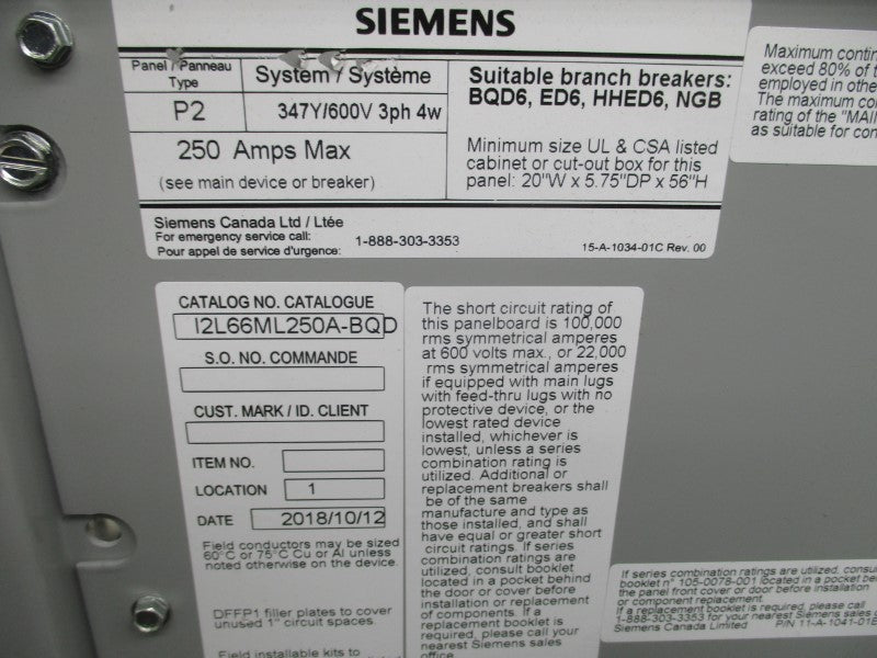 SIEMENS I2L66ML250A-BQD 347Y/600V 250A NSMP