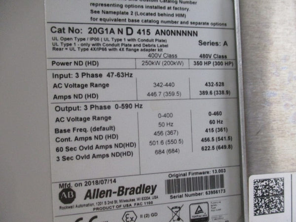 ALLEN BRADLEY 20G1AND415AN0NNNNN SER. A F/W 13.003 432-528VAC 389.6A NSNP