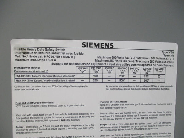 SIEMENS HFC367NR 600VAC 800A NSNP