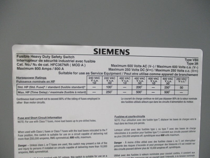 SIEMENS HFC367NR 600VAC 800A NSNP
