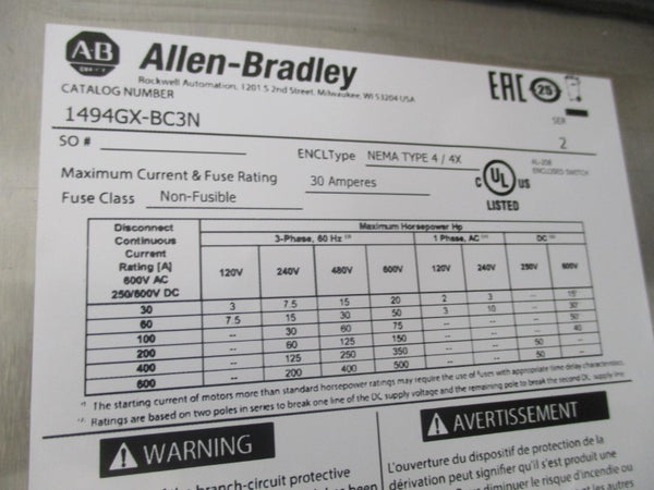 ALLEN BRADLEY 1494GX-BC3N SER. 2 600V 30A NSMP
