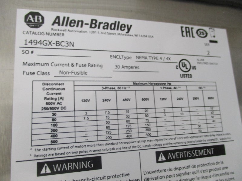 ALLEN BRADLEY 1494GX-BC3N SER. 2 600V 30A NSMP