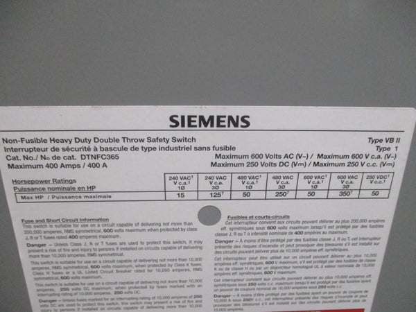 SIEMENS DTNFC365 600V 400A (AS PICTURED) NSNP