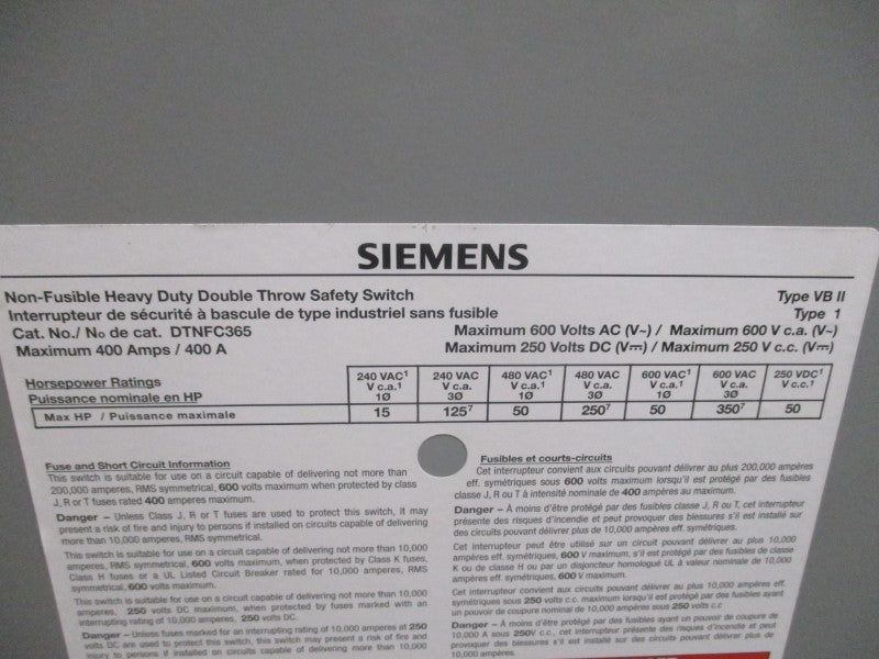 SIEMENS DTNFC365 600V 400A (AS PICTURED) NSNP