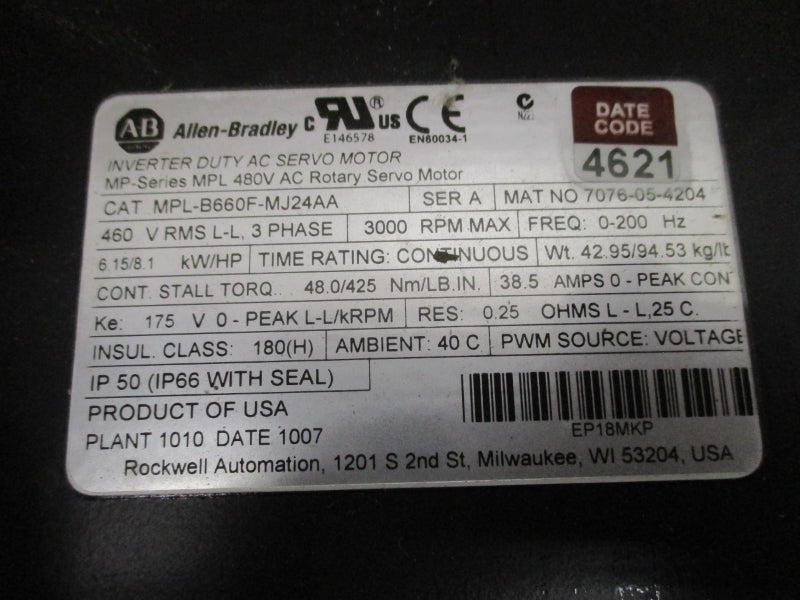 ALLEN BRADLEY MPL-B660F-MJ24AA SER. A 460V 38.5A REMAN