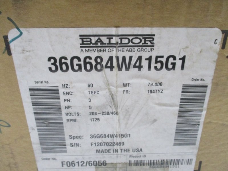 BALDOR 36G684W415G1 5 HP 60HZ TEFC 208-230/460V 15-13.2/6.6A NSMP
