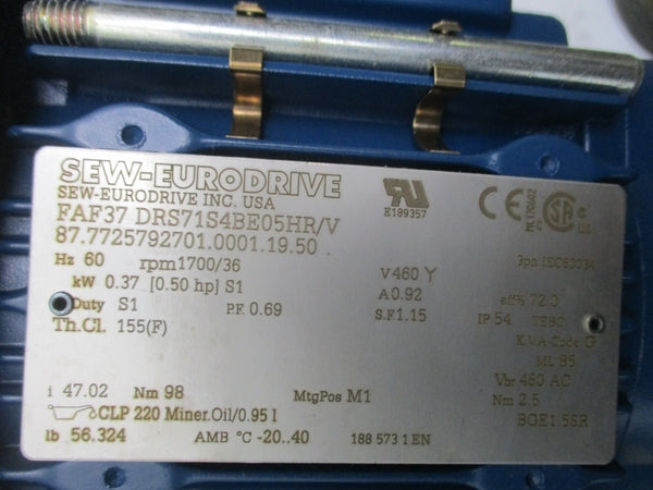 SEW-EURODRIVE FAF37DRS71S4BE05HR/V 460V 0.92A NSNP