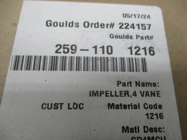 GOULDS 259-110 1216 4 VANE STAINLESS IMPELLER 10X16-22 NSMP