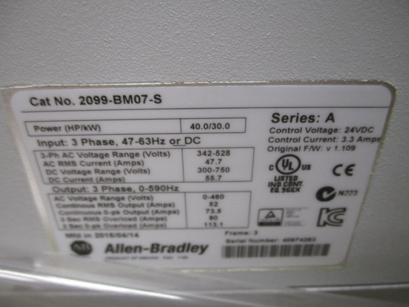 ALLEN BRADLEY 2099-BM07-S SER. A F/W 1.109 342-528V 47.7A NSMP
