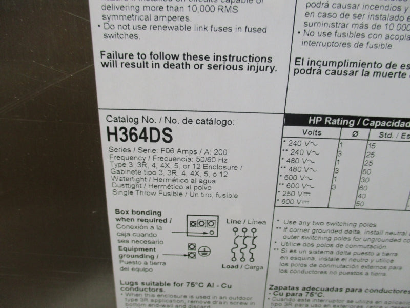 SQUARE D H364DS SER. F06 600V 200A NSMP