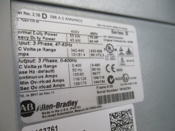 ALLEN BRADLEY 20BD096A0ANNANC0 SER. B 432-528VAC 90.1/72.3A F/W 18.006 NSMP