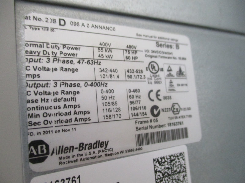 ALLEN BRADLEY 20BD096A0ANNANC0 SER. B 432-528VAC 90.1/72.3A F/W 18.006 NSMP