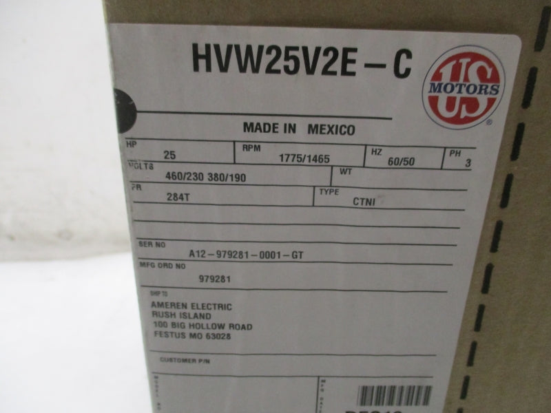 US MOTORS HVW25V2E-C 25HP 284T C-979281 230/460V 60.0/29.8A NSFS