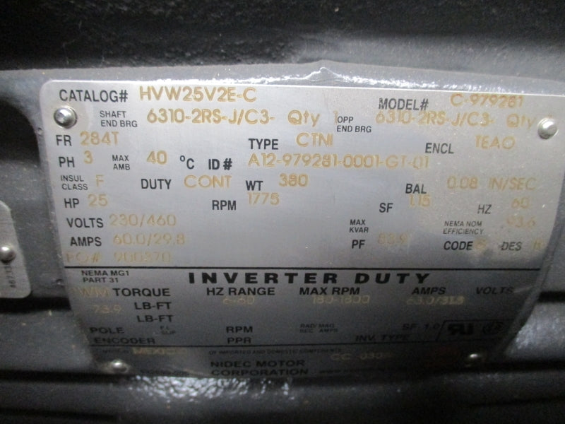 US MOTORS HVW25V2E-C 25HP 284T C-979281 230/460V 60.0/29.8A NSFS