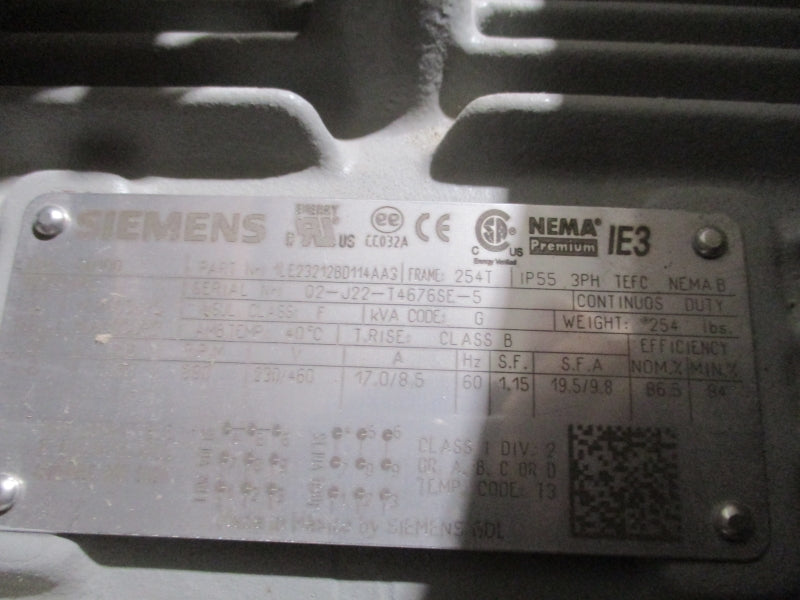 SIEMENS 1LE23212BD114AA3 230/460V 17.0/8.5A NSFS