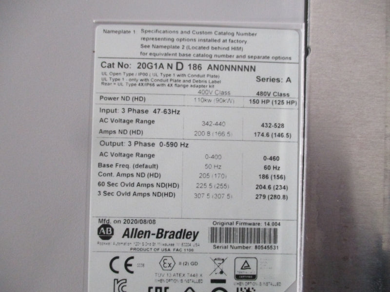 ALLEN BRADLEY 20G1AND186AN0NNNNN SER. A F/W 14.004 342-440V 200.8A NSNP