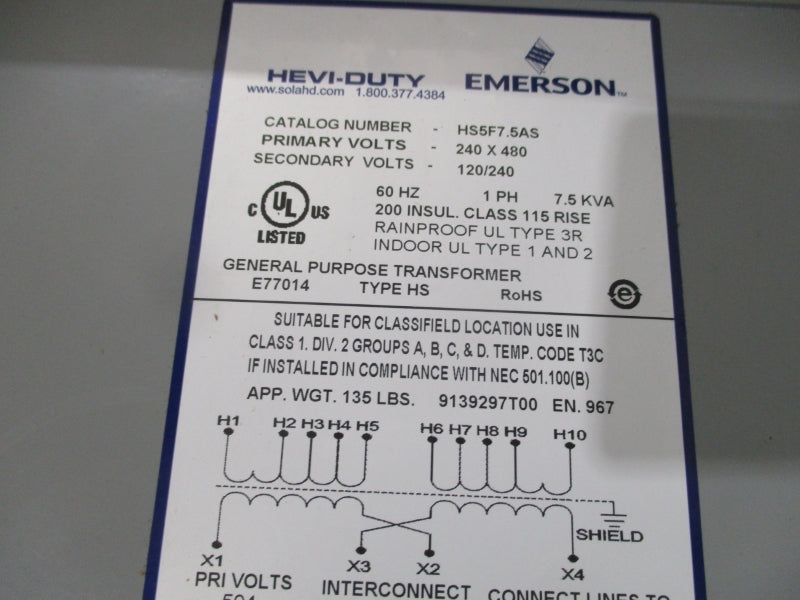 EMERSON HS5F7.5AS 120/240V NSMP