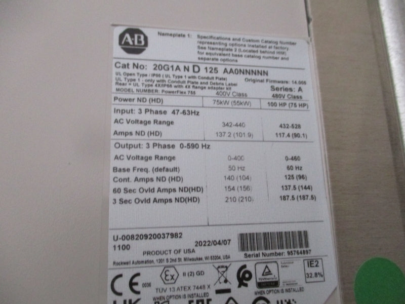 ALLEN BRADLEY 20G1AND125AA0NNNNN SER. A F/W 14.005 342-440VAC 137.2A NSMP