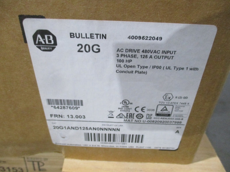 ALLEN BRADLEY 20G1AND125AN0NNNNN SER. A F/W 13.003 480VAC 125A NSFS