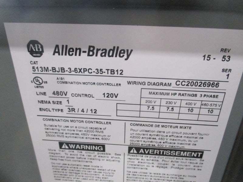 ALLEN BRADLEY 513M-BJB-3-6XPC-35-TB12 SER. 1 480V REV 15-53 NSNP