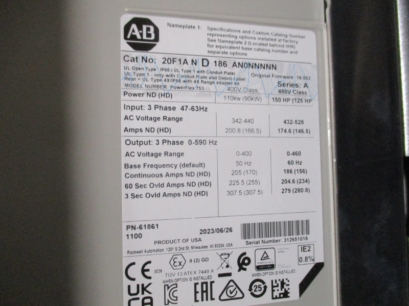 ALLEN BRADLEY 20F1A N D 186 AN0NNNNN SER. A F/W 16.002 432-528VAC 174.6A NSMP