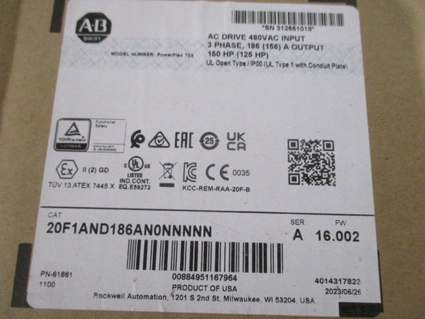 ALLEN BRADLEY 20F1A N D 186 AN0NNNNN SER. A F/W 16.002 432-528VAC 174.6A NSMP
