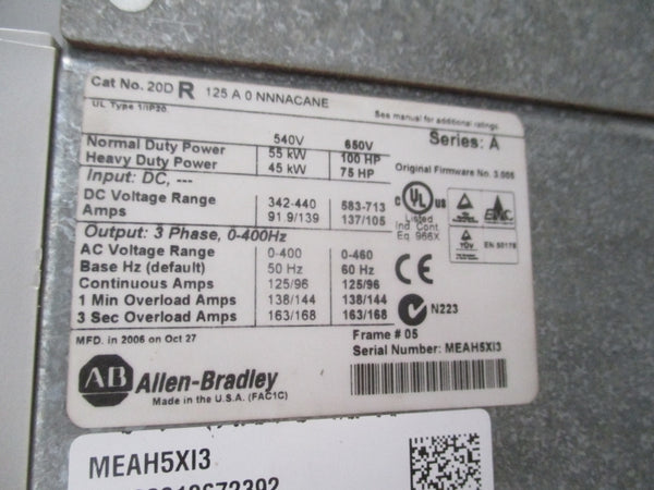 ALLEN BRADLEY 20D R 125 A 0 NNNACANE SER. A F/W 3.005 583/713VDC 137/105A (AS PICTURED) NSNP