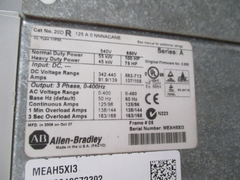 ALLEN BRADLEY 20D R 125 A 0 NNNACANE SER. A F/W 3.005 583/713VDC 137/105A (AS PICTURED) NSNP