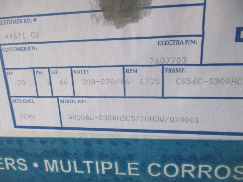 ELECTRA-GEAR W050BL-D30RH0C5750H3W/QX0001 7607703 208-230V 1.6A NSMP