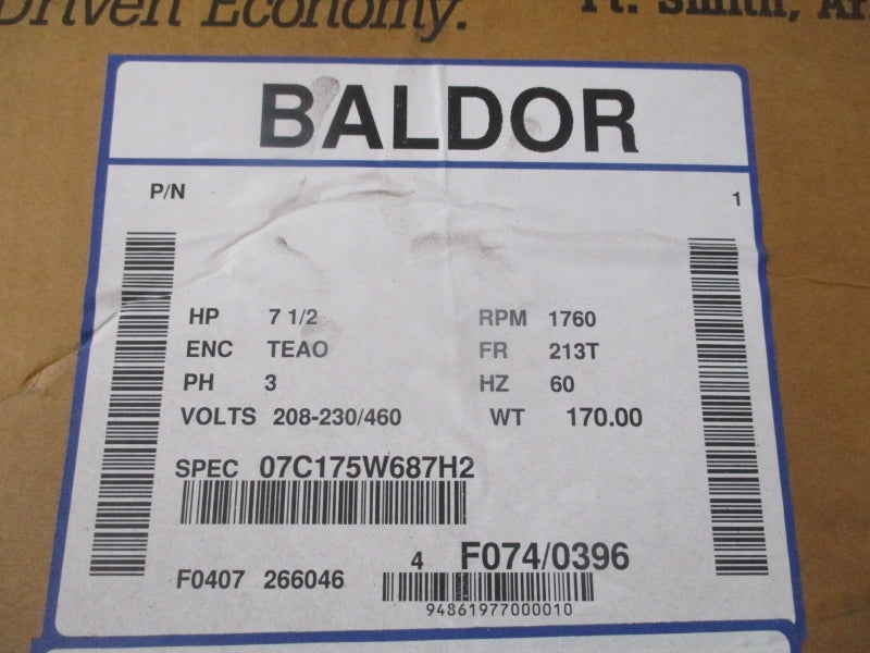 BALDOR 7.5 hp  213t 07C175W687H2 208-230/460V 21.4-20.4/10.2A NSMP