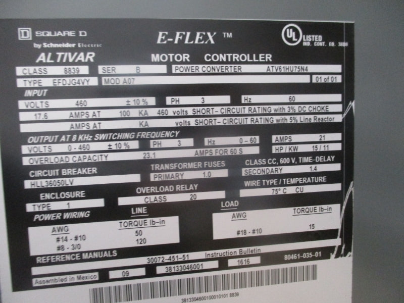 SQUARE D 8839 EFDJG4VY SER. B ATV61HU75N4 460V 17.6A (AS PICTRUED) NSNP