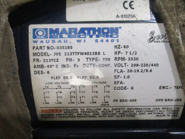 MARATHON ELECTRIC JVE 213TTFW4013BB L 7.5 HP  213TCZ 035185 208-220/440V 20-19.2/9.6A NSMP